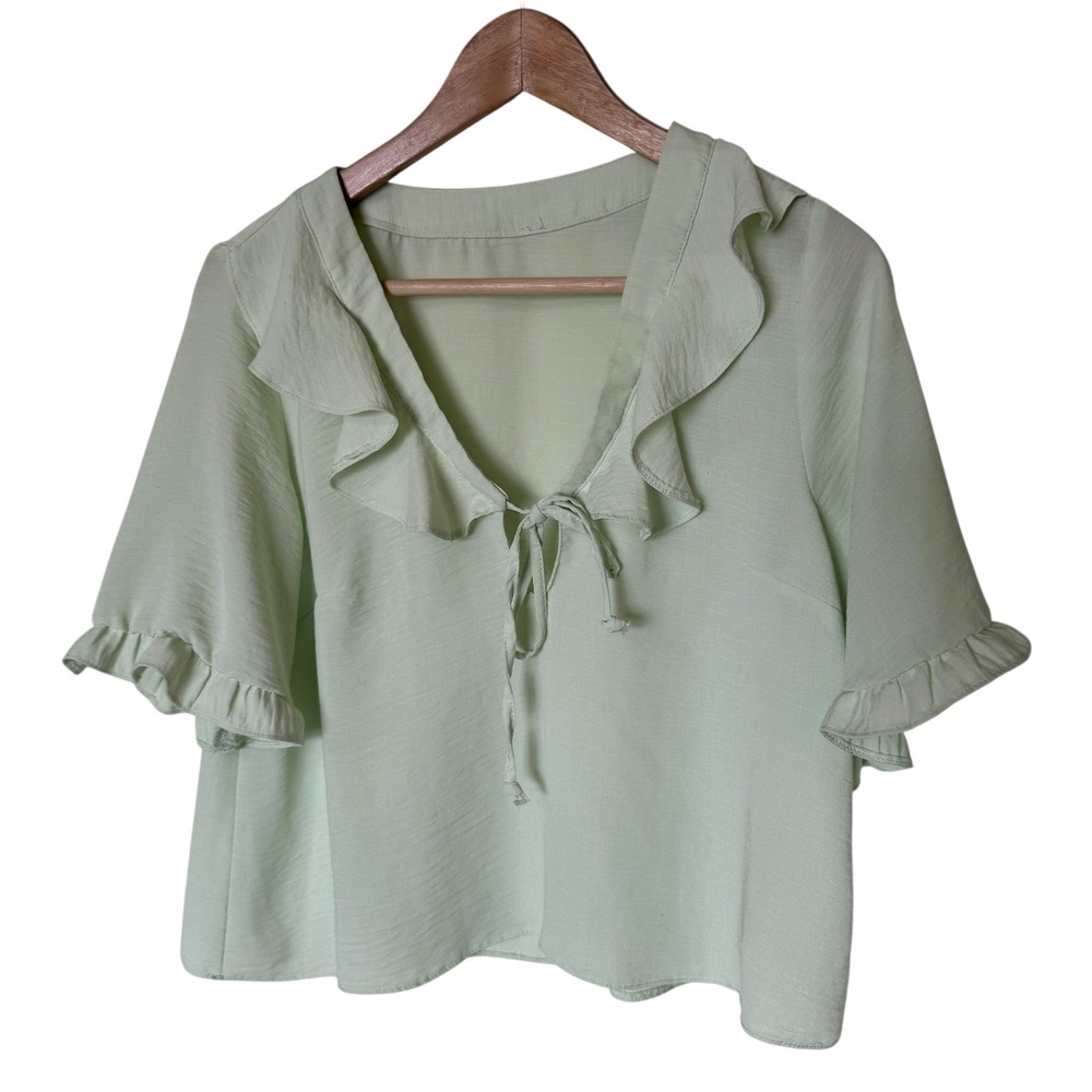 Topshop Ruffle Blouse Womens 6 Mint Green‎ Excellent Tie Front Short Sleeve